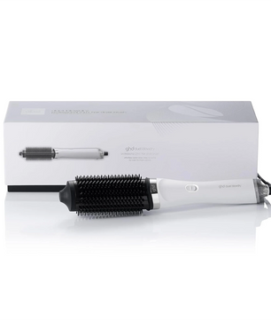 Der ghd duet blowdry Haartrockenbürste in Weiß von ghd ist vor seiner passenden Box auf weißem Hintergrund abgebildet.