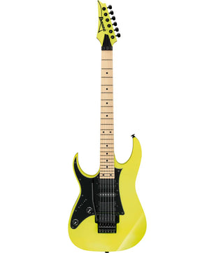 Eine Frontansicht der Ibanez Genesis RG550L-DY E-Gitarre - Gelb, eine leuchtend gelbe Linkshänder E-Gitarre von Ibanez mit schwarzem Schlagbrett und Ahorngriffbrett, hergestellt in Japan.