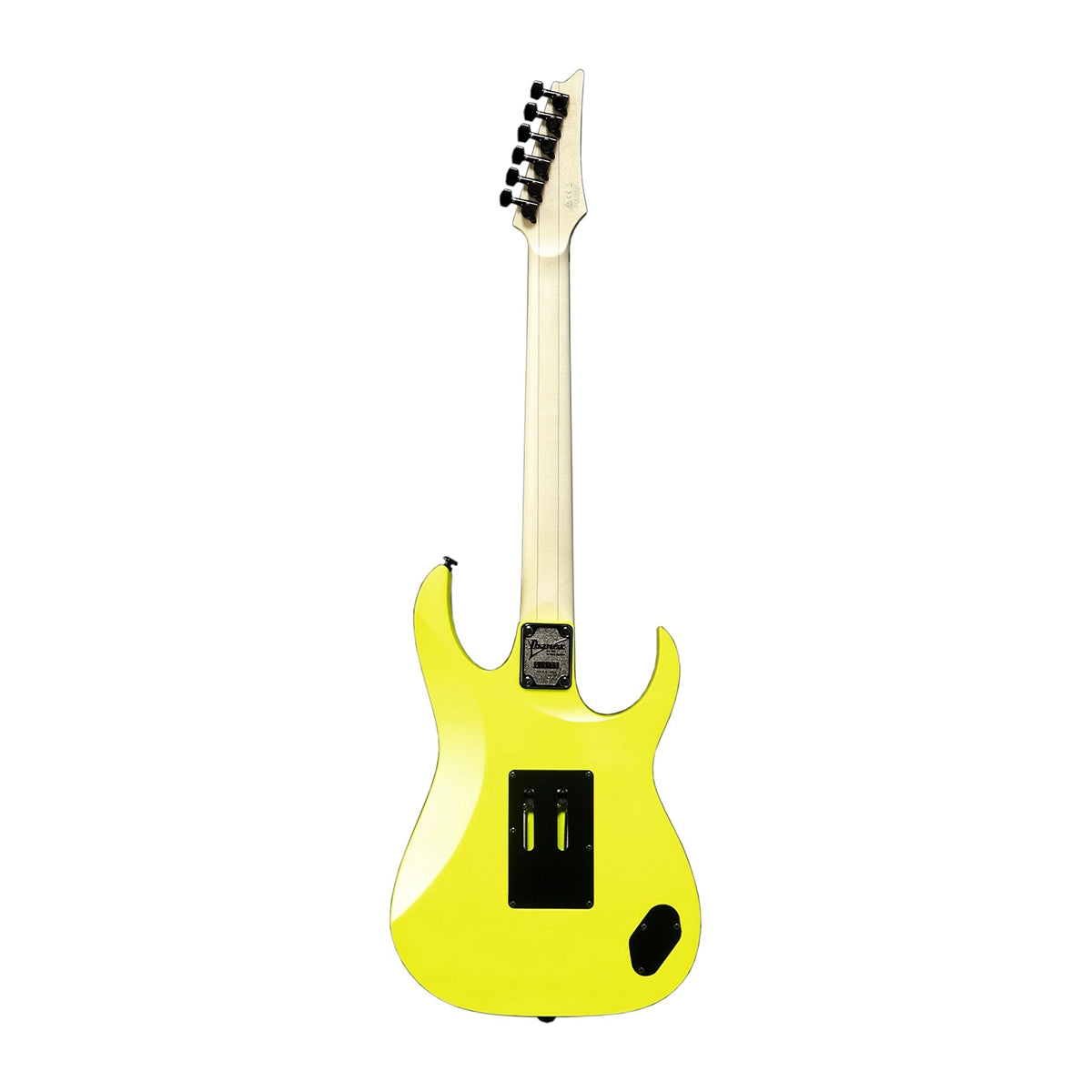 Die Ibanez Genesis RG550L-DY E-Gitarre - Gelb wird von hinten gezeigt und hebt die Stimmmechaniken sowie die Rückseite der Elektronikabdeckung hervor. Die hochwertige Verarbeitung von Ibanez ist deutlich sichtbar.