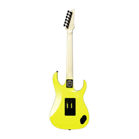 Die Ibanez Genesis RG550L-DY E-Gitarre - Gelb wird von hinten gezeigt und hebt die Stimmmechaniken sowie die Rückseite der Elektronikabdeckung hervor. Die hochwertige Verarbeitung von Ibanez ist deutlich sichtbar.