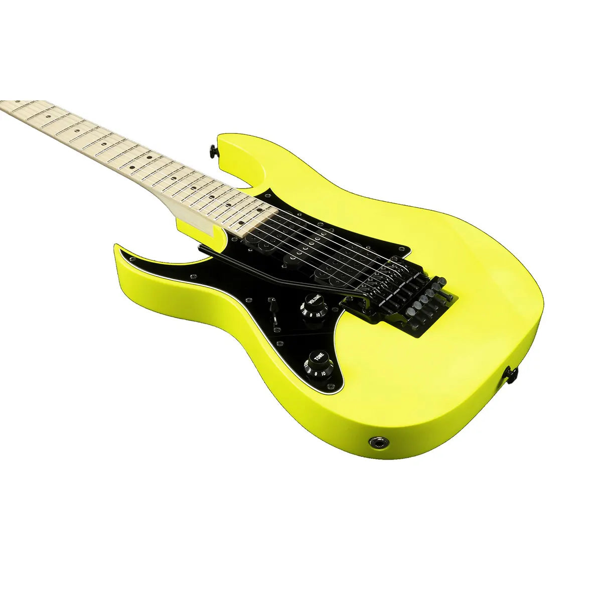 Die Ibanez Genesis RG550L-DY E-Gitarre - Gelb von Ibanez hat einen gelben Korpus, ein schwarzes Schlagbrett und einen Ahornhals. Diese Linkshänder-E-Gitarre wird in Japan hergestellt und bietet außergewöhnliche Qualität und Spielbarkeit. Fotografiert auf einem weißen Hintergrund.