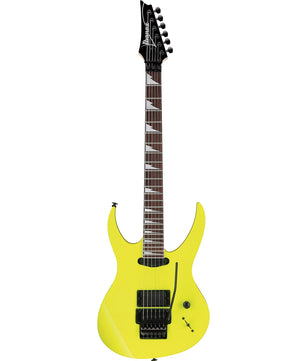 Die Ibanez Genesis 540PIII-DY E-Gitarre - Gelb von Ibanez hat eine spitze Kopfplatte und schwarze Hardware, ideal für Metal-Gitarristen, und ist auf einem weißen Hintergrund abgebildet. Hergestellt in Japan.