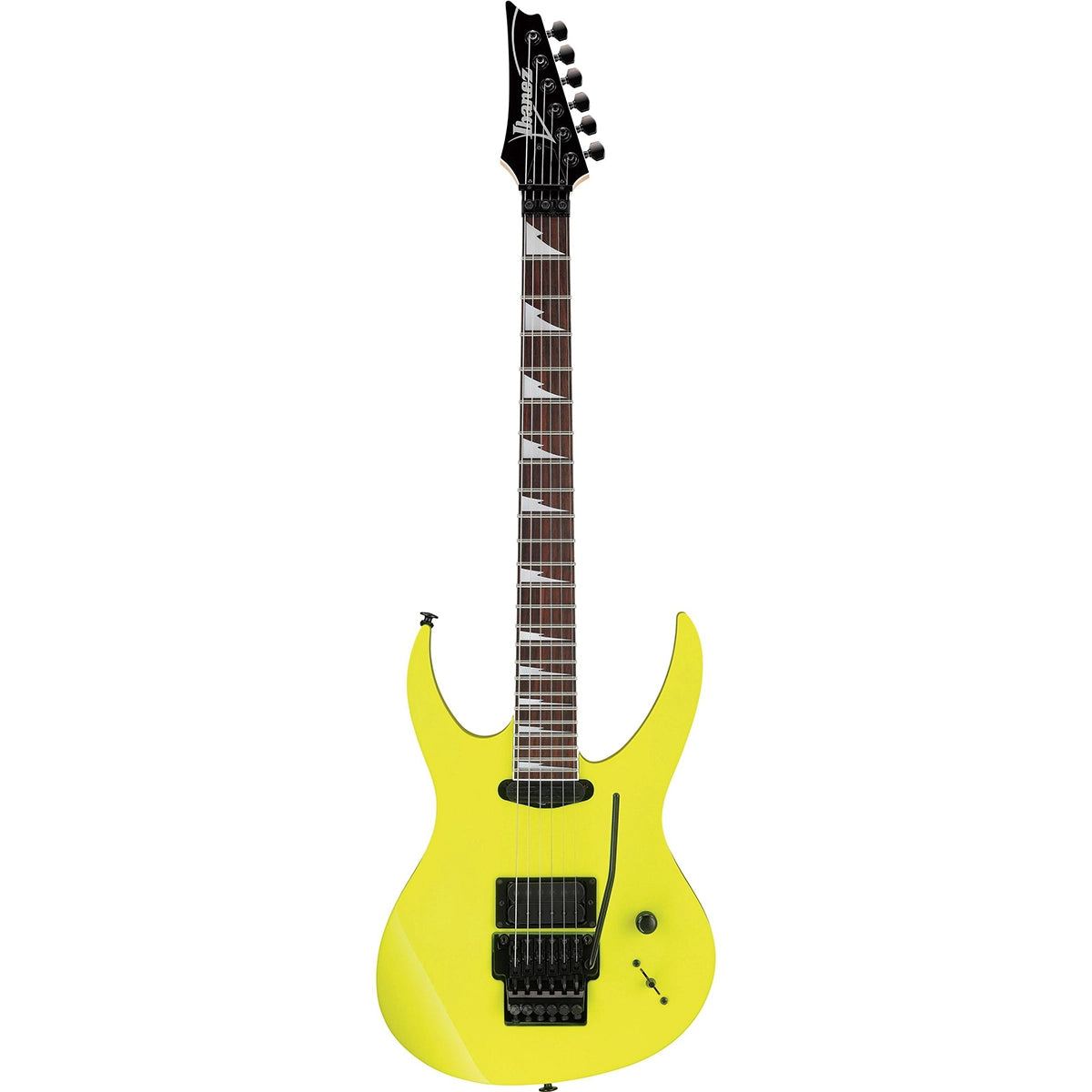 Die Ibanez Genesis 540PIII-DY E-Gitarre - Gelb von Ibanez hat eine spitze Kopfplatte und schwarze Hardware, ideal für Metal-Gitarristen, und ist auf einem weißen Hintergrund abgebildet. Hergestellt in Japan.