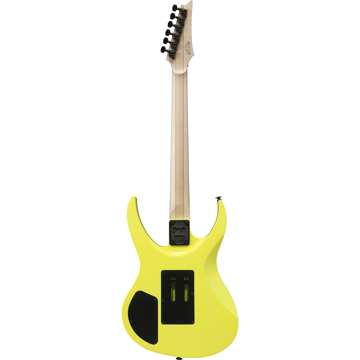Rückansicht der Ibanez Genesis 540PIII-DY E-Gitarre - Gelb: eine auffallend gelbe Ibanez E-Gitarre mit hellem Holzhals und schwarzer Hardware - ideal für Metal-Gitarristen, die kultigen Stil und Top-Performance suchen.