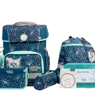 Das School-Mood Champion Schulranzen-Set 7-teilig "Lina" mit Pusteblumen-Print und Katzenmotiv ist ideal für die Klassen 1-4. Enthält Schulranzen, Kordeltasche, Federmäppchen, Brotdose, Schlüsselanhänger und mehr.