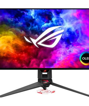 Der ASUS ROG Swift OLED PG27AQDM Gaming-Monitor in Schwarz verfügt über ein lebendiges OLED-Display, ein einzigartiges Standfußdesign und eine ultraschnelle Bildwiederholfrequenz von 240 Hz.