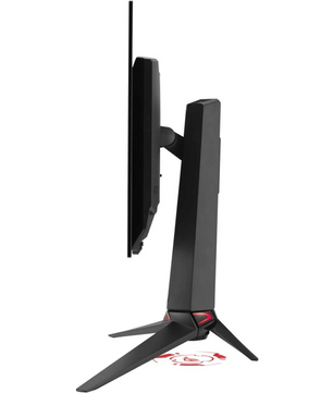 Seitenansicht des ASUS ROG Swift OLED PG27AQDM Gaming-Monitors in Schwarz von ASUS, mit dickem Standfuß, schlankem Bildschirm und 240 Hz Bildwiederholrate auf weißem Hintergrund.