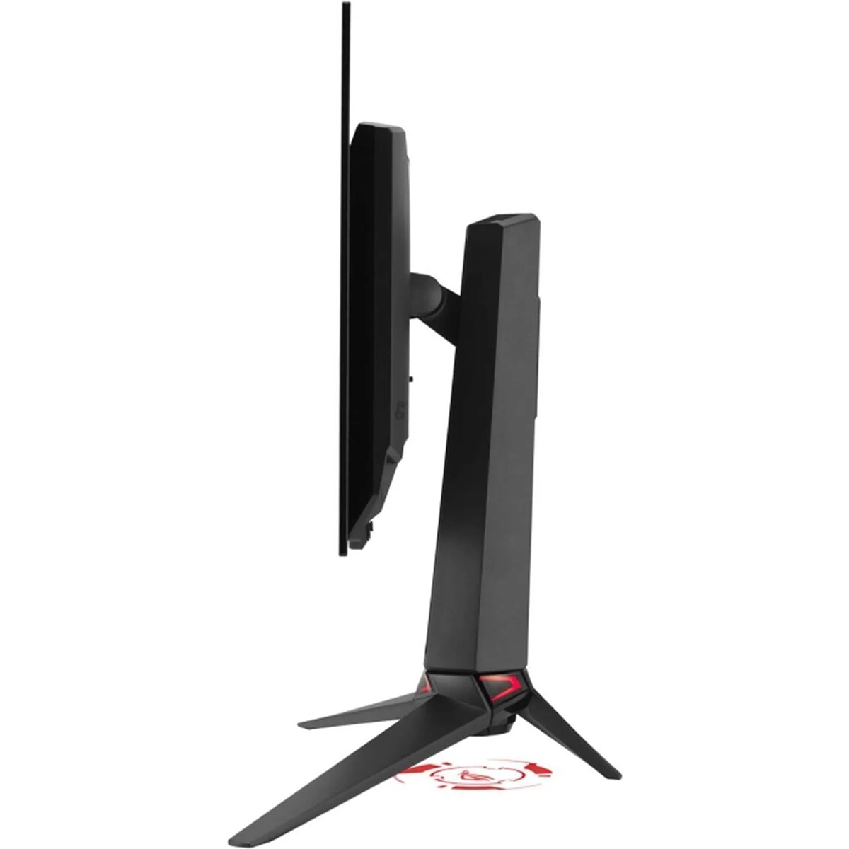 Seitenansicht des ASUS ROG Swift OLED PG27AQDM Gaming-Monitors in Schwarz von ASUS, mit dickem Standfuß, schlankem Bildschirm und 240 Hz Bildwiederholrate auf weißem Hintergrund.