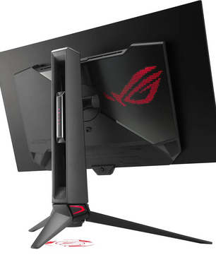 Rückansicht des schwarzen ASUS ROG Swift OLED PG27AQDM Gaming-Monitors mit rot beleuchtetem Logo, robustem Winkelstandfuß und einer schnellen Bildwiederholrate von 240 Hz.
