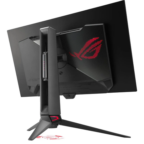 Rückansicht des schwarzen ASUS ROG Swift OLED PG27AQDM Gaming-Monitors mit rot beleuchtetem Logo, robustem Winkelstandfuß und einer schnellen Bildwiederholrate von 240 Hz.