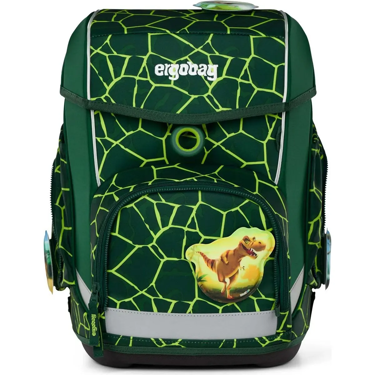 Der ergobag Cubo Set (2025) BärRex ist ein grüner Kinderrucksack von ergobag mit einem gelben Dinosaurier mit Rissmuster und "ergobag"-Label auf der Deckelklappe - ideal für komfortable und abenteuerlustige Kinder.