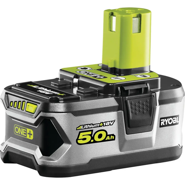Der RYOBI RB18L50 ONE+ Akku – schwarz ist ein 18-V-Lithium-Akku von Ryobi aus der ONE+-Serie mit einer Kapazität von 5,0 Ah und einem eleganten schwarzen Gehäuse.