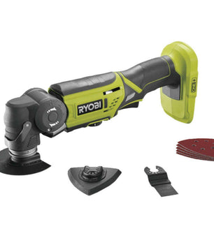 Das Ryobi 18V ONE+ R18MT-0 Akku-Multitool in Grün eignet sich ideal für Renovierungsarbeiten – es ist vielseitig einsetzbar mit verschiedenen Aufsätzen und Schleifpads zum Schneiden und Schleifen.