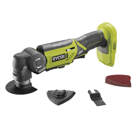 Das Ryobi 18V ONE+ R18MT-0 Akku-Multitool in Grün eignet sich ideal für Renovierungsarbeiten – es ist vielseitig einsetzbar mit verschiedenen Aufsätzen und Schleifpads zum Schneiden und Schleifen.
