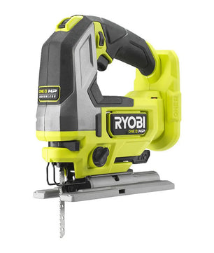 Eine Ryobi-Akku-Stichsäge RJS18X-0 mit bürstenlosem Motor und grünem Gehäuse, präsentiert vor weißem Hintergrund. Dieses leistungsstarke 18-V-ONE+-HP-Modell der Marke Ryobi vereint Effizienz und modernes Design.