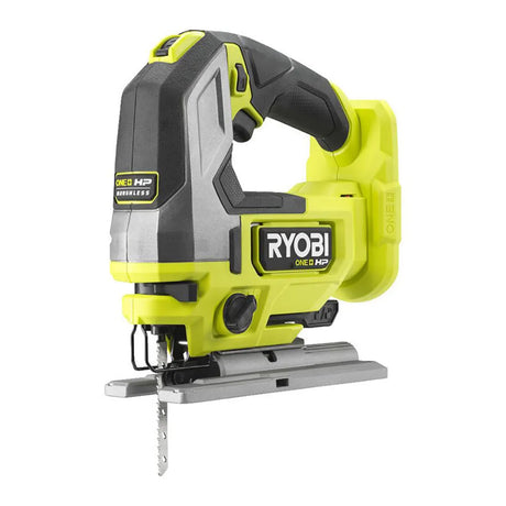Eine Ryobi-Akku-Stichsäge RJS18X-0 mit bürstenlosem Motor und grünem Gehäuse, präsentiert vor weißem Hintergrund. Dieses leistungsstarke 18-V-ONE+-HP-Modell der Marke Ryobi vereint Effizienz und modernes Design.