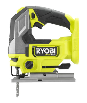 Grüne Ryobi Akku-Stichsäge RJS18X-0 mit sichtbarem Sägeblatt und Griff, ausgestattet mit einem bürstenlosen 18-V-ONE+-HP-Motor, von der Seite gesehen.