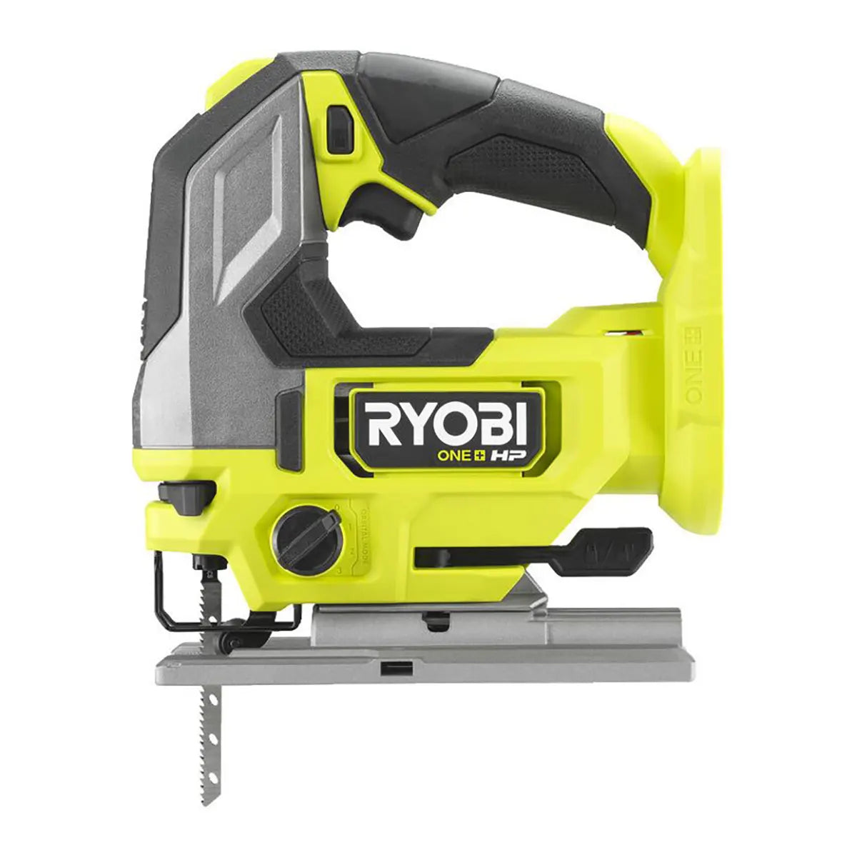 Grüne Ryobi Akku-Stichsäge RJS18X-0 mit sichtbarem Sägeblatt und Griff, ausgestattet mit einem bürstenlosen 18-V-ONE+-HP-Motor, von der Seite gesehen.