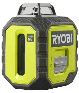 Die Ryobi RB360GLL Laser-Wasserwaage in Grün bietet gut sichtbare 360° Laserlinien mit bis zu 25 m Reichweite sowie prägnantes Markenlogo an der Seite.