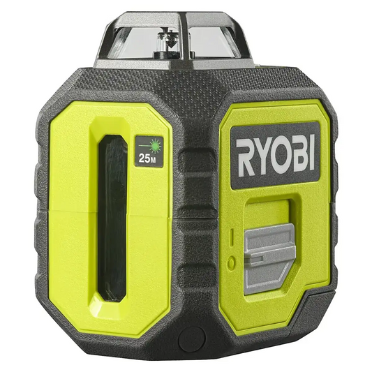 Die Ryobi RB360GLL Laser-Wasserwaage in Grün bietet gut sichtbare 360° Laserlinien mit bis zu 25 m Reichweite sowie prägnantes Markenlogo an der Seite.