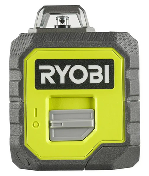 Frontansicht der Ryobi RB360GLL Laser-Wasserwaage in grau und hellgelb, mit einem 360° grüner Laser von Ryobi zur präzisen Nivellierung.