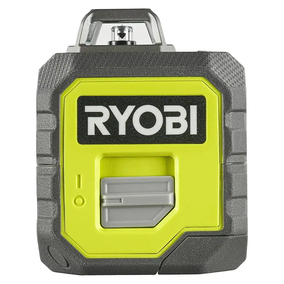 Frontansicht der Ryobi RB360GLL Laser-Wasserwaage in grau und hellgelb, mit einem 360° grüner Laser von Ryobi zur präzisen Nivellierung.