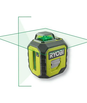 Die Ryobi RB360GLL Laser-Wasserwaage projiziert leuchtend grüne horizontale und vertikale Linien zur präzisen Nivellierung.