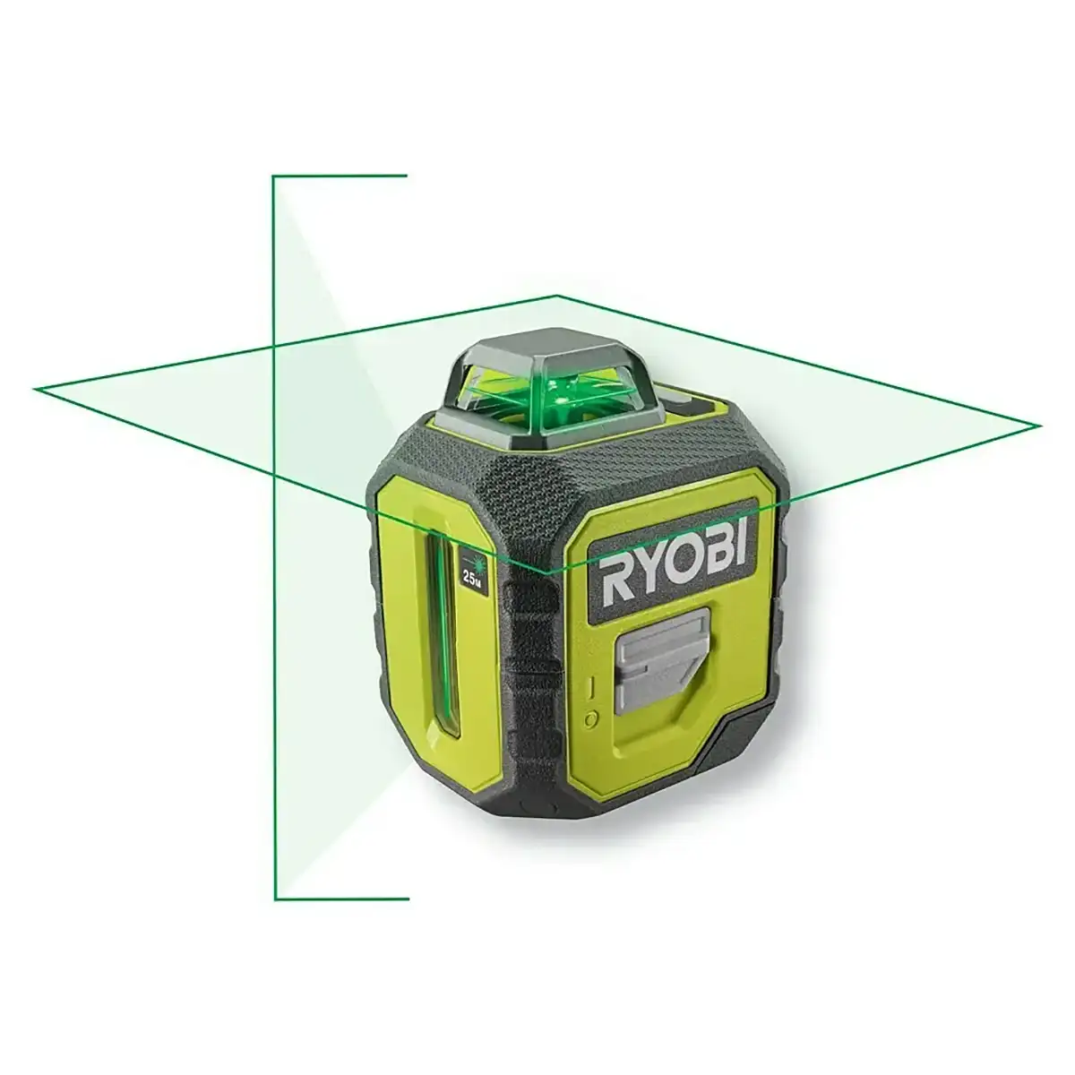 Die Ryobi RB360GLL Laser-Wasserwaage projiziert leuchtend grüne horizontale und vertikale Linien zur präzisen Nivellierung.