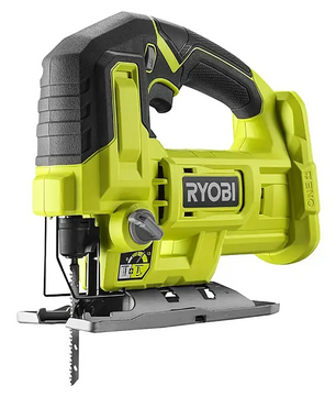 Eine grüne Ryobi One+ RJS18-0 Akku-Pendelstichsäge von Ryobi mit einem schwarzen, ergonomischen Griff und einem sichtbaren Sägeblatt.