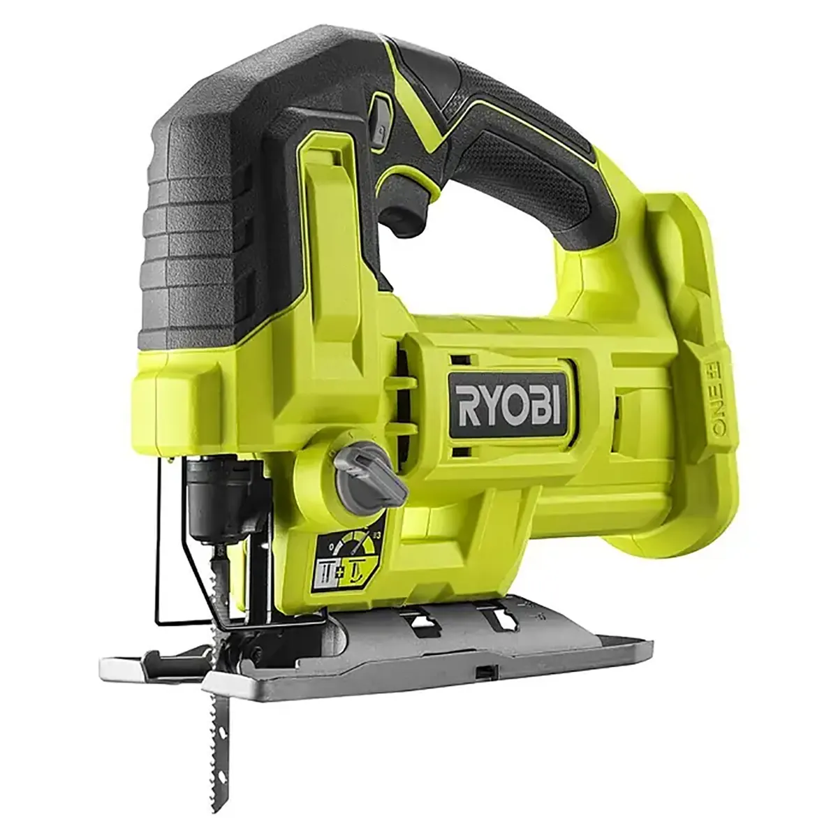 Eine grüne Ryobi One+ RJS18-0 Akku-Pendelstichsäge von Ryobi mit einem schwarzen, ergonomischen Griff und einem sichtbaren Sägeblatt.