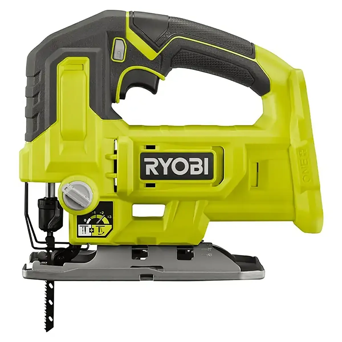 Ein grünes Ryobi One+ RJS18-0 Akku-Pendelhubstichsäge-Elektrowerkzeug mit sichtbarem Sägeblatt und Griff, von der Seite betrachtet. Diese Stichsäge ist für präzise Sägearbeiten konzipiert und zeichnet sich durch das unverwechselbare Ryobi-Design aus.