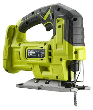 Die grüne Akku-Pendelstichsäge „Ryobi One+ RJS18-0“ verfügt über ein gut sichtbares Sägeblatt und einen ergonomischen Griff für komfortables Arbeiten.