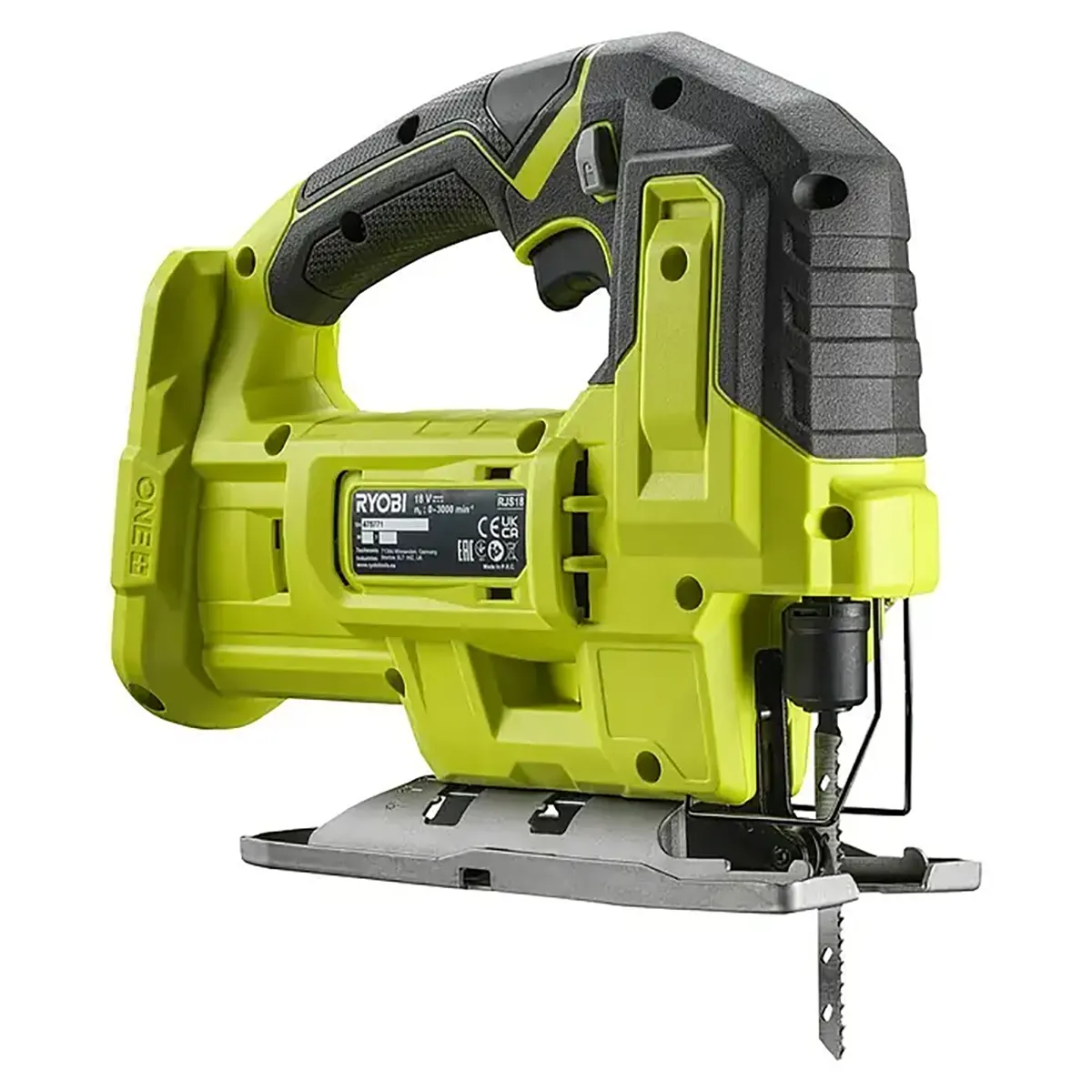 Die grüne Akku-Pendelstichsäge „Ryobi One+ RJS18-0“ verfügt über ein gut sichtbares Sägeblatt und einen ergonomischen Griff für komfortables Arbeiten.