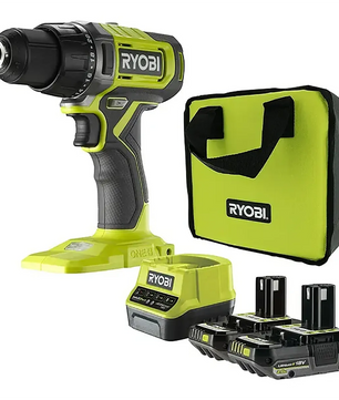 Ryobi ONE+ RDD18 Akku-Bohrschrauber von Ryobi in Grün mit Ladegerät, zwei Akkus und einer grünen Tragetasche – alles vor weißem Hintergrund abgebildet.