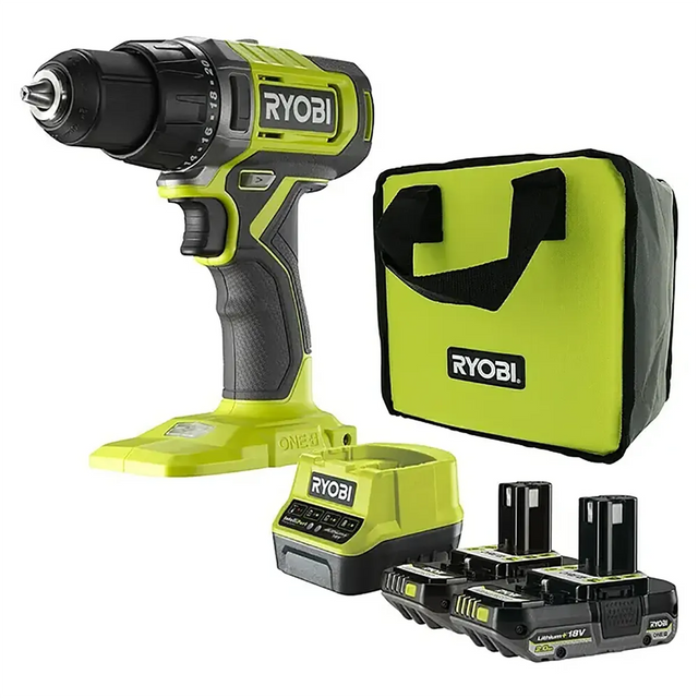 Ryobi ONE+ RDD18 Akku-Bohrschrauber von Ryobi in Grün mit Ladegerät, zwei Akkus und einer grünen Tragetasche – alles vor weißem Hintergrund abgebildet.