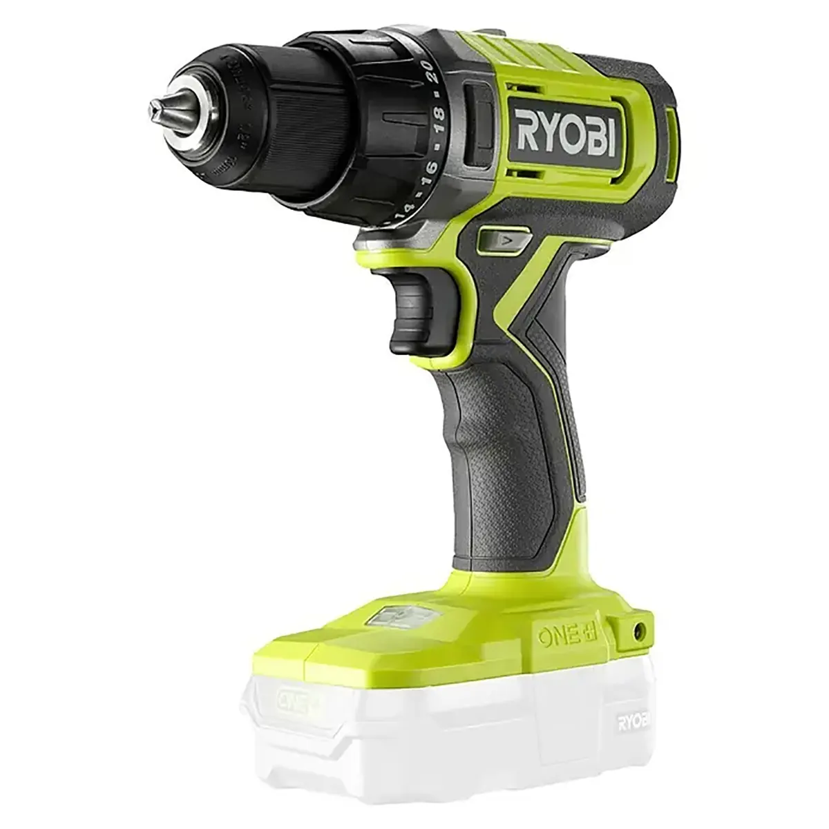 Ein grüner Ryobi ONE+ RDD18 Akku-Bohrschrauber von Ryobi ist vor einem weißen Hintergrund abgebildet. Dieser vielseitige 18-V-Akku-Bohrschrauber bietet zuverlässige Leistung und ein modernes Design und eignet sich somit ideal sowohl für Heimwerker als auch für professionelle Anwender.