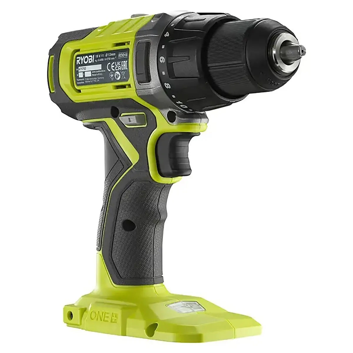 Ryobi ONE+ RDD18 Akku-Bohrschrauber in Grün von Ryobi, abgebildet im Stehen und ohne eingelegten Akku.