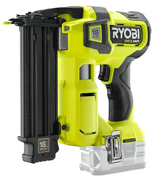 Der grüne Ryobi ONE+ R18GN18X-0 Akku-Nagler, ein kabelloser 18-Gauge-Nagler, vereint Leistung und Komfort für effiziente Nagelarbeiten. Abgebildet auf weißem Hintergrund. Marke: Ryobi.