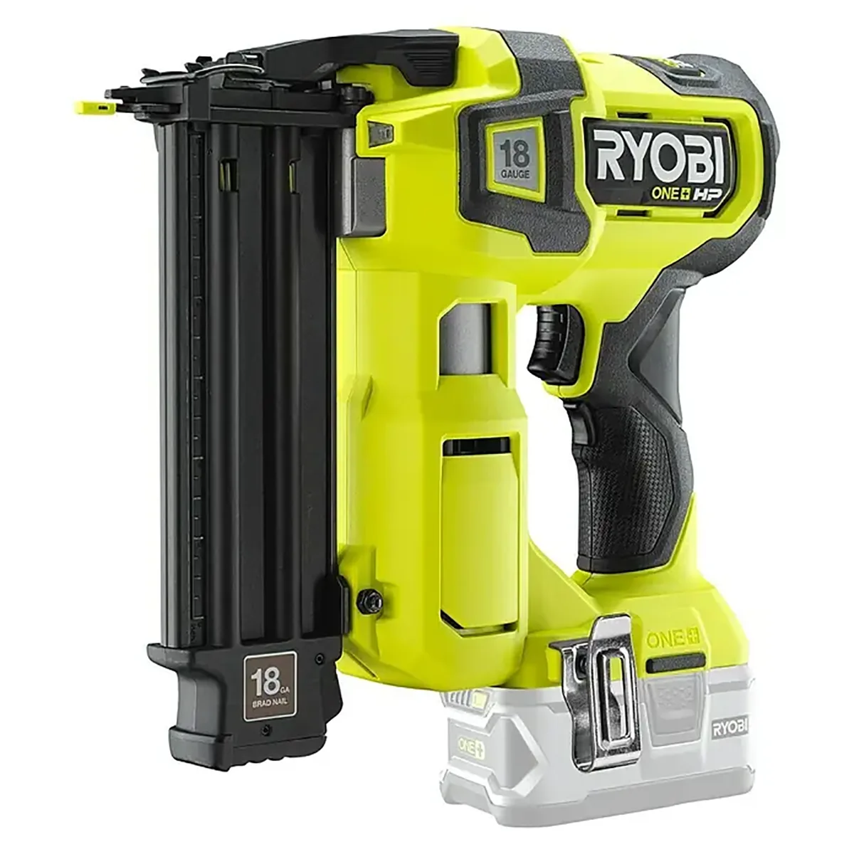 Der grüne Ryobi ONE+ R18GN18X-0 Akku-Nagler, ein kabelloser 18-Gauge-Nagler, vereint Leistung und Komfort für effiziente Nagelarbeiten. Abgebildet auf weißem Hintergrund. Marke: Ryobi.