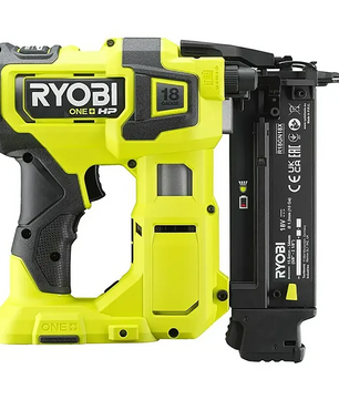 Der Ryobi ONE+ R18GN18X-0 Akku-Nagler in Grün verfügt über einen ergonomischen Griff, die AirStrike-Technologie und ein gut sichtbares Ryobi-Logo.