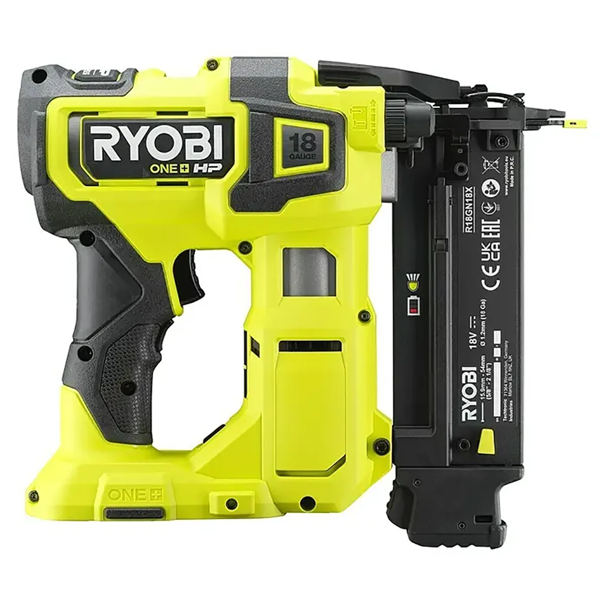 Der Ryobi ONE+ R18GN18X-0 Akku-Nagler in Grün verfügt über einen ergonomischen Griff, die AirStrike-Technologie und ein gut sichtbares Ryobi-Logo.