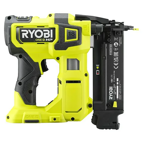 Der Ryobi ONE+ R18GN18X-0 Akku-Nagler in Grün verfügt über einen ergonomischen Griff, die AirStrike-Technologie und ein gut sichtbares Ryobi-Logo.