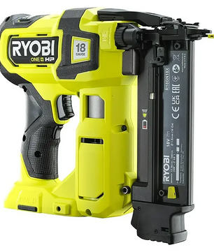 Ryobi ONE+ R18GN18X-0 Akku-Nagler in Grün, kabellos, mit AirStrike-Technologie und kompatibel mit dem Ryobi ONE+ System, seitlich auf weißem Hintergrund abgebildet.