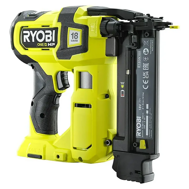 Ryobi ONE+ R18GN18X-0 Akku-Nagler in Grün, kabellos, mit AirStrike-Technologie und kompatibel mit dem Ryobi ONE+ System, seitlich auf weißem Hintergrund abgebildet.