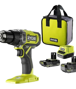 Das Ryobi ONE+ RPD18-2C42S Akku-Schlagbohrschrauber-Set in Grün wird mit zwei Akkus, einem Ladegerät und einer grünen Tasche geliefert.