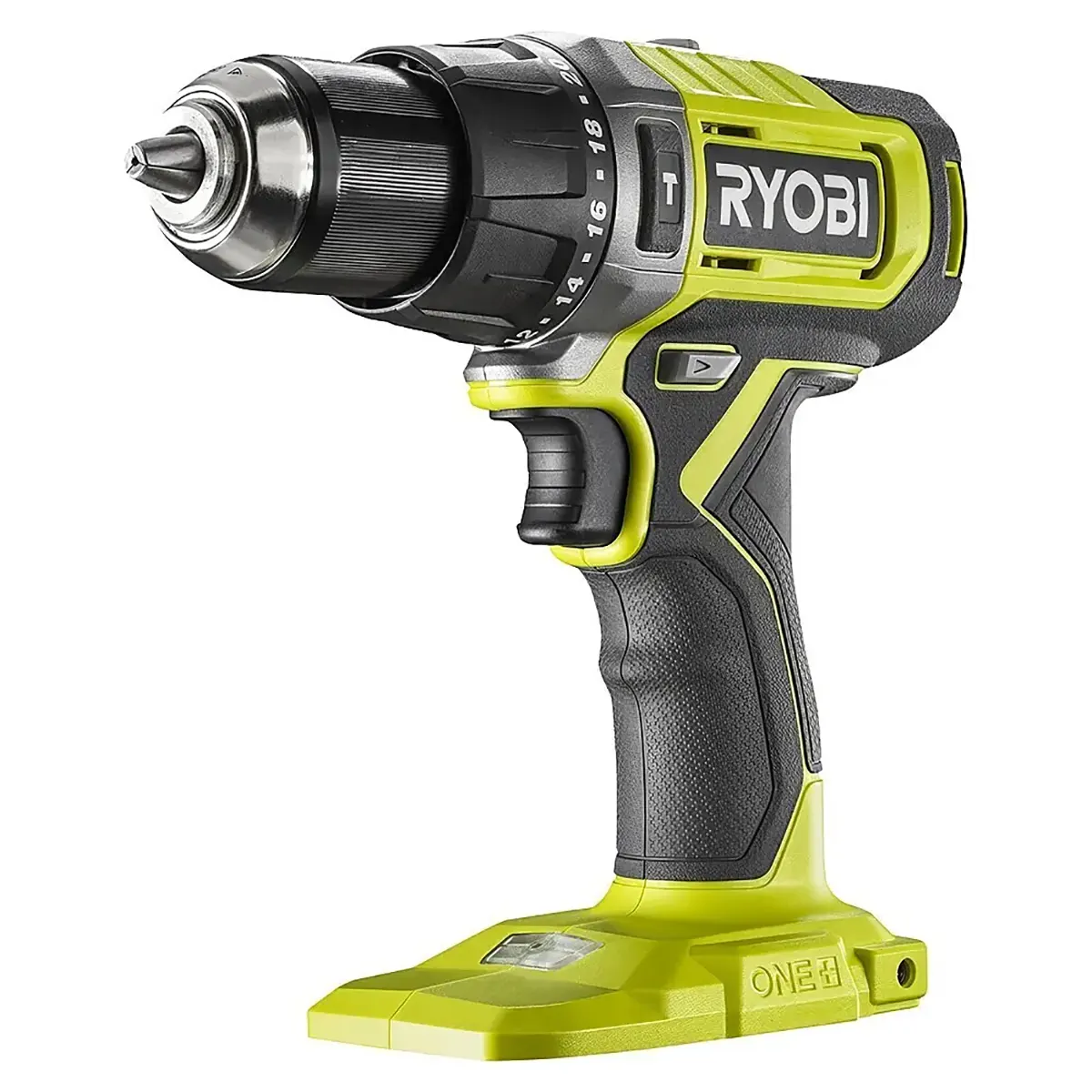 Ein grüner Ryobi ONE+ RPD18-2C42S Akku-Schlagbohrschrauber von Ryobi, kabellos und ohne eingelegten Akku abgebildet.