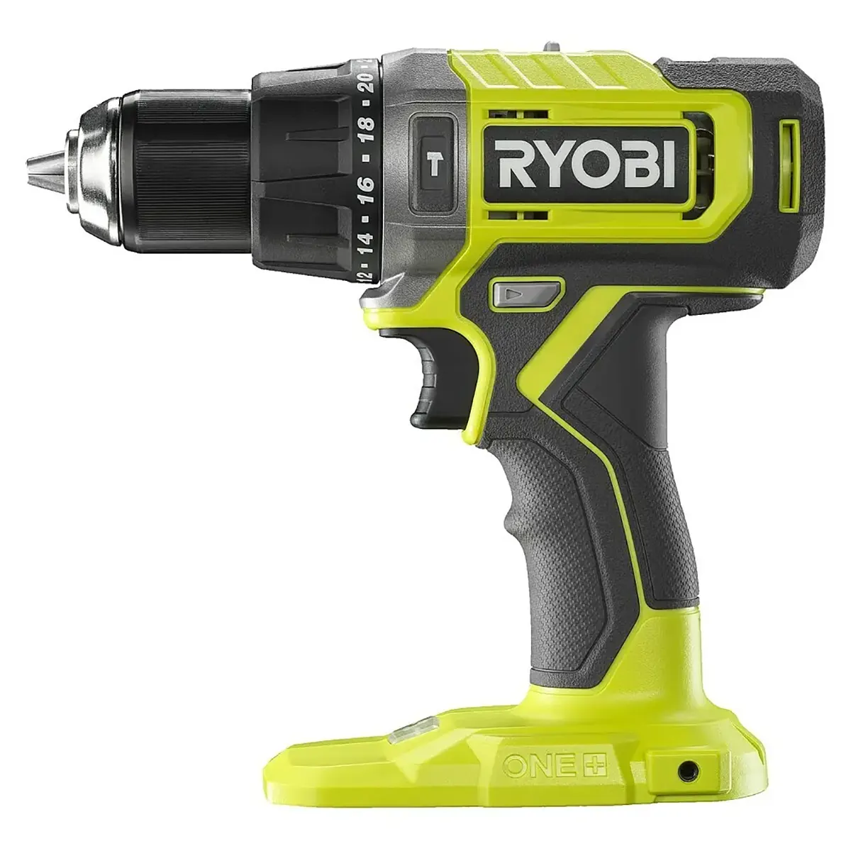 Der Ryobi ONE+ RPD18-2C42S Akku-Schlagbohrschrauber in Grün von Ryobi ist seitlich auf weißem Hintergrund abgebildet. Ideal als 18-V-Werkzeug für vielseitige Bohrarbeiten.