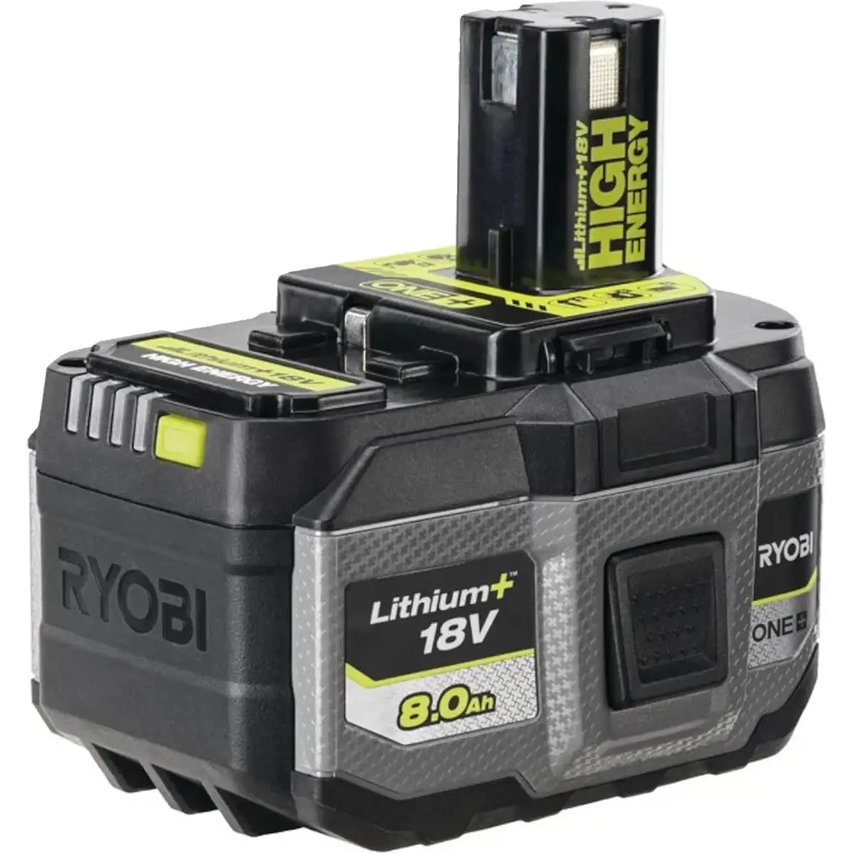 Der RYOBI RB1880T ONE+ Akku – schwarz ist ein wiederaufladbarer 18-V-Lithium-Akku mit einer Kapazität von 8,0 Ah, der eine hohe Energieleistung für Ryobi-Elektrowerkzeuge bietet. Schwarzes Design mit gelben Akzenten.