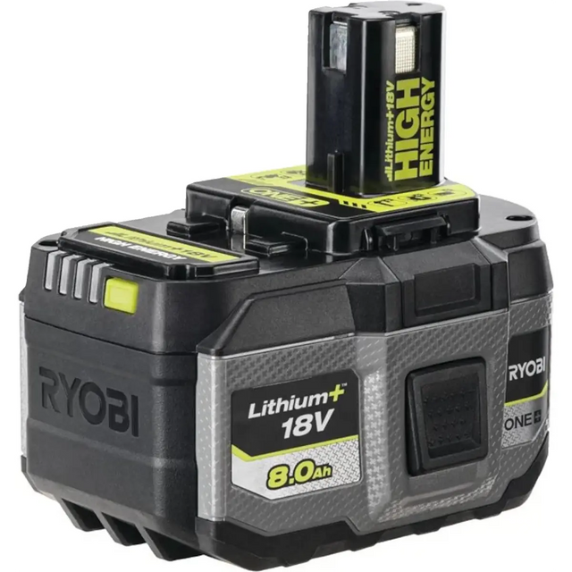 Der RYOBI RB1880T ONE+ Akku – schwarz ist ein wiederaufladbarer 18-V-Lithium-Akku mit einer Kapazität von 8,0 Ah, der eine hohe Energieleistung für Ryobi-Elektrowerkzeuge bietet. Schwarzes Design mit gelben Akzenten.