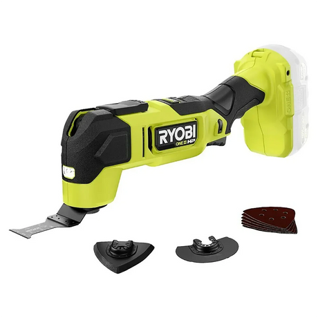 Ryobi ONE+HP Akku-Multifunktionswerkzeug RMT18X-0 mit bürstenlosem Motor, angebrachtem Blatt, drei Zubehörteilen und Schleifpads - alles vor weißem Hintergrund.
